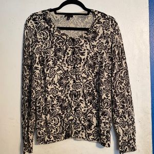Talbots Floral Cardigan sweater size L Metallic thread Black Cream